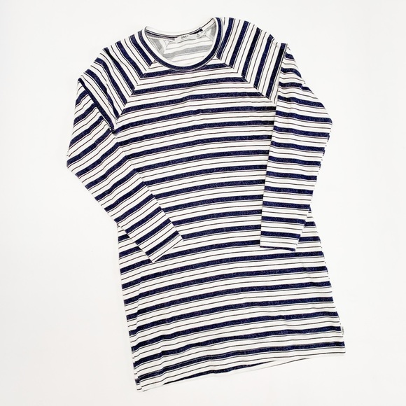 White Navy Blue Striped Long Sleeve Shift Dress - Picture 5 of 10